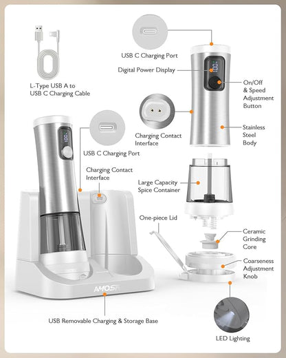Electric Salt and Pepper Grinder Set, Upgraded 2-Speed Setting, External 5