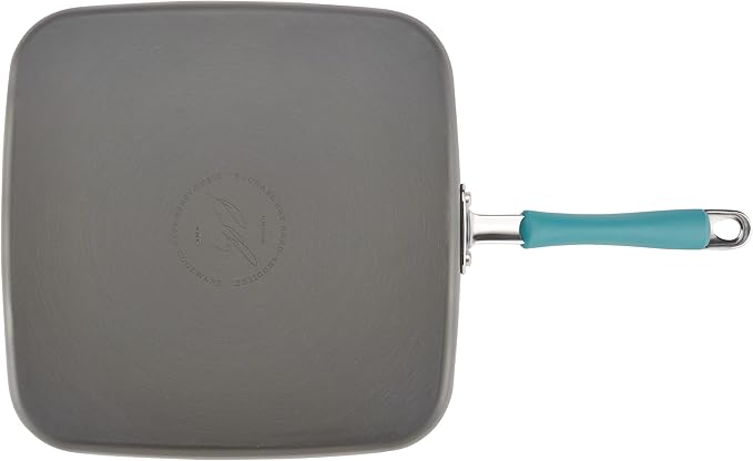 Rachael Ray Cucina Hard Anodized Nonstick Griddle Pan/Flat Grill, 11 Inch, Gray with Agave Blue Handle