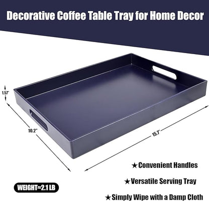 Navy Blue Serving Tray for Coffee Table, Rectangular Plastic Decorative Tray with Handles for Entertaining, Outdoor Patio, Living Room, Ottoman, Bathroom Counter, 11.8”*15.7”*1.6”