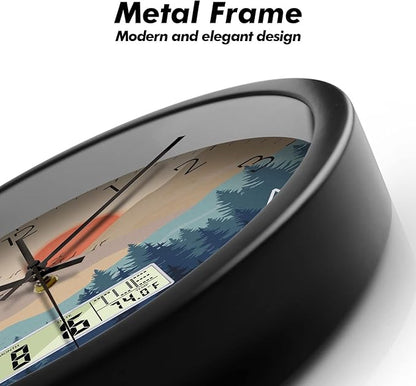 Silent Wall Clock with Day Week Temperature Wilderness with Sunset Non-ticking
