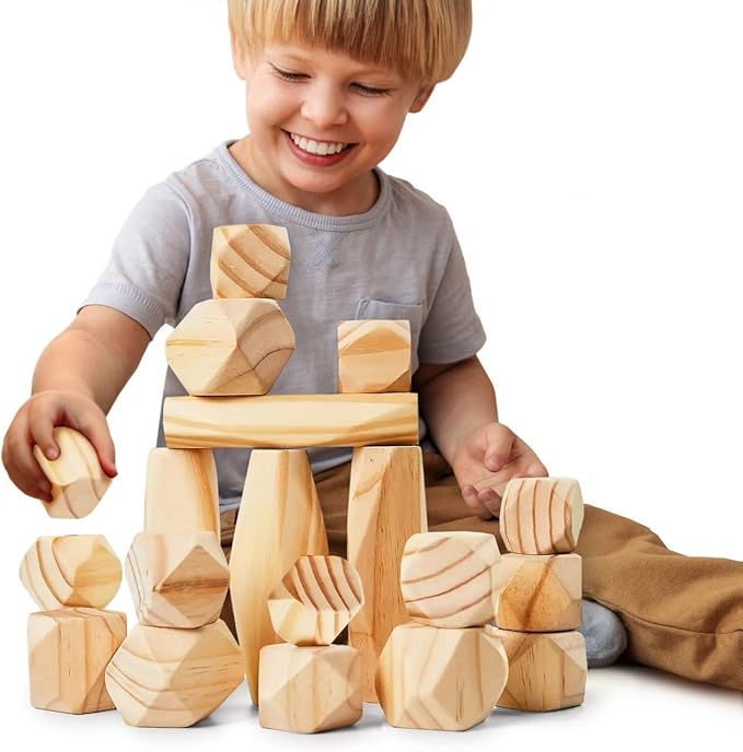 Panda Brothers Wooden Balancing Stones - Montessori Toys for 3 4 5 Year Old Kids and Toddlers Learning Sensory Toy, 20 Large Size Wooden Building Blocks Set of Stacking Stones for Kids Pine Wood Rocks