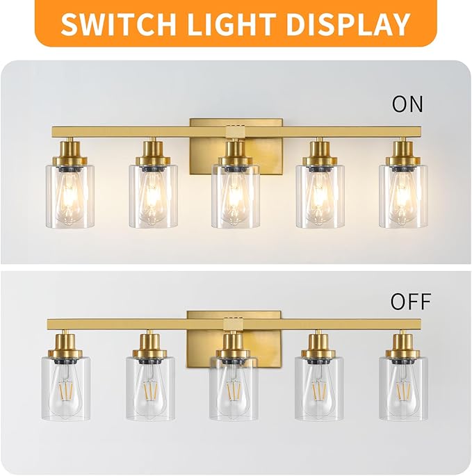 DIKAIDA 5 Light Gold Bathroom Vanity Light, Bathroom Light Fixtures