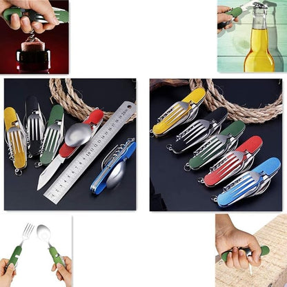 6-in-1 Multi-Function Camping Utensil Flatware Set Detachable Spoon Fork Knife Combo Mess Kit with Carrying Pouch(Black + Blue + Red)