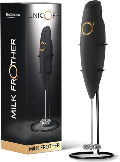 Milk Frother Matte Black - Coffee Frother Handheld with Electric Whisk - 19000 rpm - Book Recipes and Stainless Steel Stand Included - Hand Mixer Electric (Matte Black Onyx)
