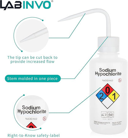 Sodium Hypochloride Wash Bottles, Vol.500ml (17oz), Narrow Mouth, Self-Venting Safety Wash Bottles, LDPE Material, IN-WBS500，Pack of 1, IN-WBS501