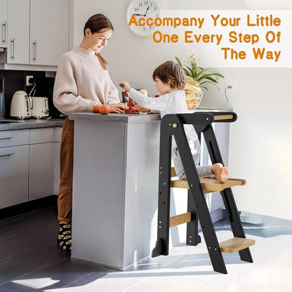 Toddler Tower, Foldable Step Stool for Toddlers, Toddler Kitchen Stool Helper with 3 Adjustable Height Safty Rail and Anti-Tip Structure, Learning Tower for Toddlers Baby Kids