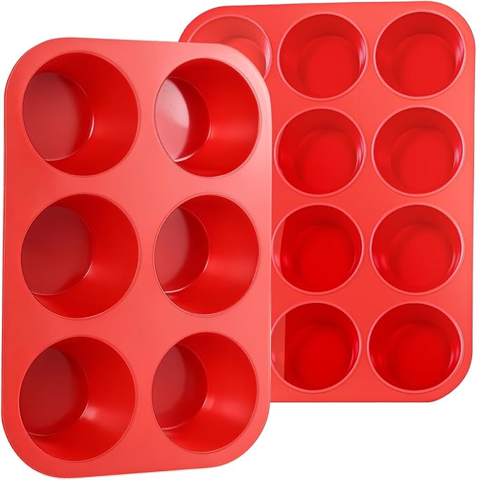 CAKETIME Silicone Muffin Pan, 2 Packs, Includes Jumbo 6 Cups and Regular 12 Cups