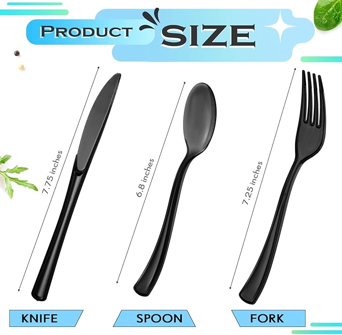 Minatee 150 Pieces Disposable Cutlery Set Plastic Silverware Heavy Duty Utensil Sets 50 Forks 50 Knives 50 Spoons for Home Office School Party Picnics Restaurant Outdoor Events(Black)