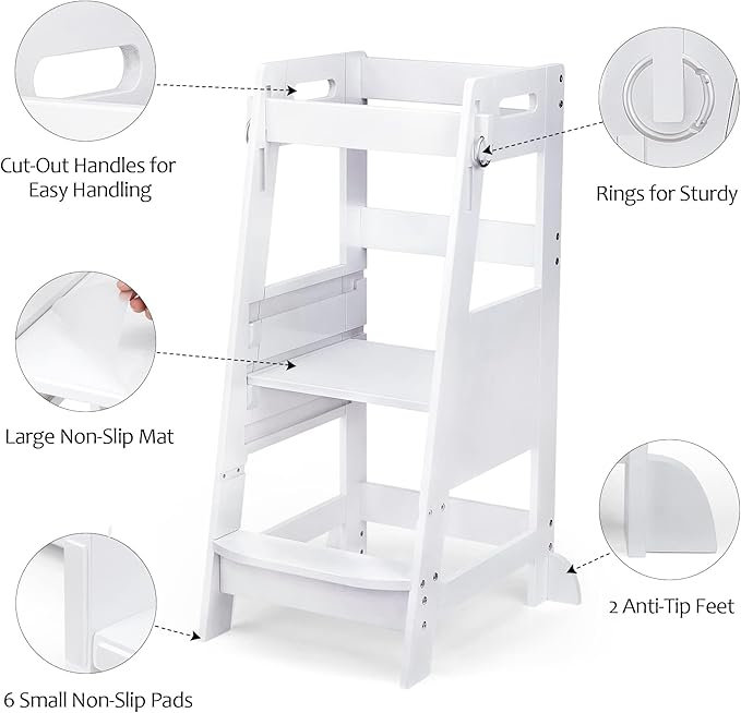 TOETOL Bamboo Toddler Kitchen Step Stool White Helper Standing Tower Height Adjustable with Anti-Slip Protection for Kids Kitchen Counter Learning