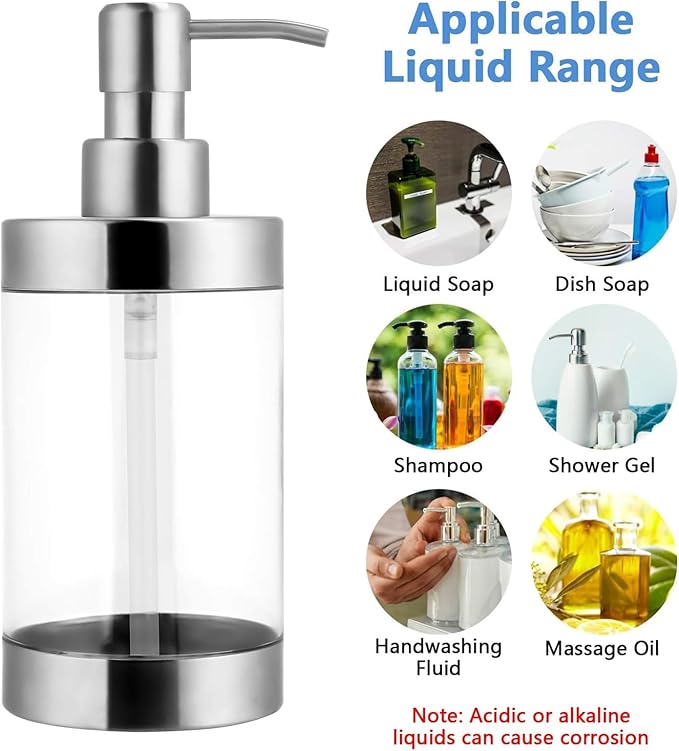 Dish Soap Dispenser Stainless Steel Case Acrylic Liner Hand Pump Dispenser