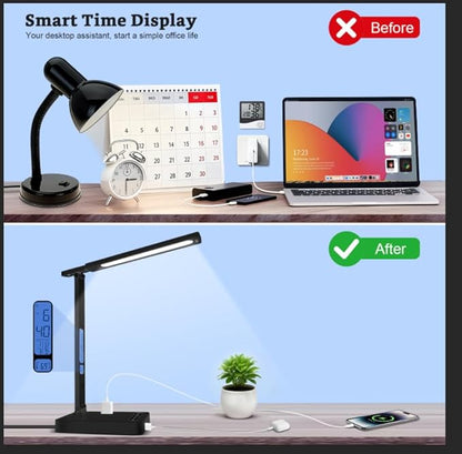 snsok Smart Desk Lamp with Dual USB Charging & 2 AC Outlets, Digital Clock