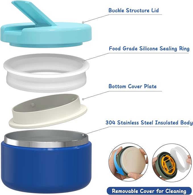 Bento Lunch Box with 8oz Soup Thermo, Leak-Proof Lunch Containers with 4 Compartment, Thermo Hot Food Jar and Insulated Lunch Box for School Blue