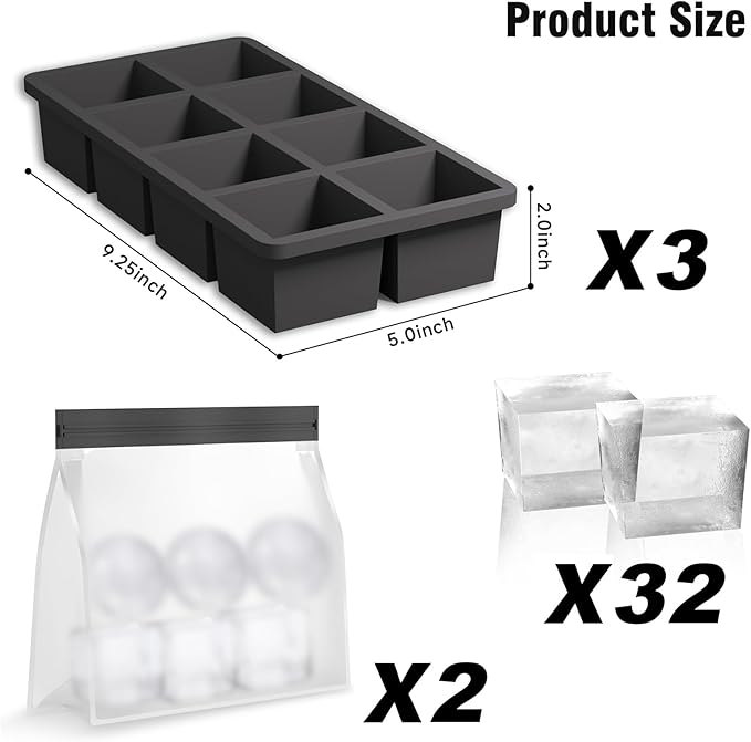 Samuelworld Large Silicone Ice Cube Tray Molds, Big 2 Inch Cubes