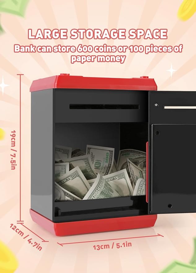 Piggy Bank for Girls Boys Large Electronic Money Coin Banks with Password Protection, Automatic Paper Money Scroll Saving Box, Great Gift for Kids (Black-Red)