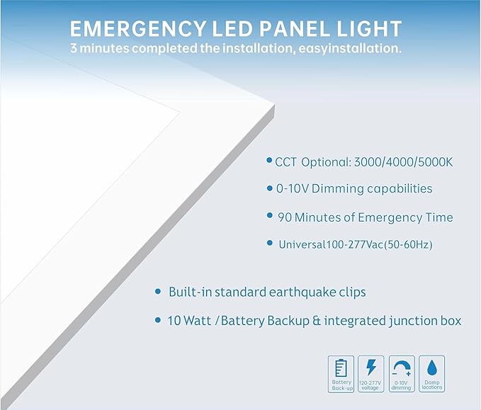 2X2 LED Flat Panel Light Emergency Battery Backup, 40W-3000K/4000K/5000K