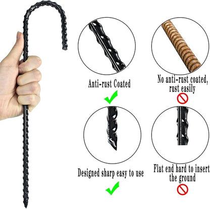 12 Inch Rebar Stakes Heavy Duty J Hook, Coated Steel Ground Stakes Tent Stakes Ground Anchors for Chain Link Fence Stakes and Trampoline Stakes (6), Black