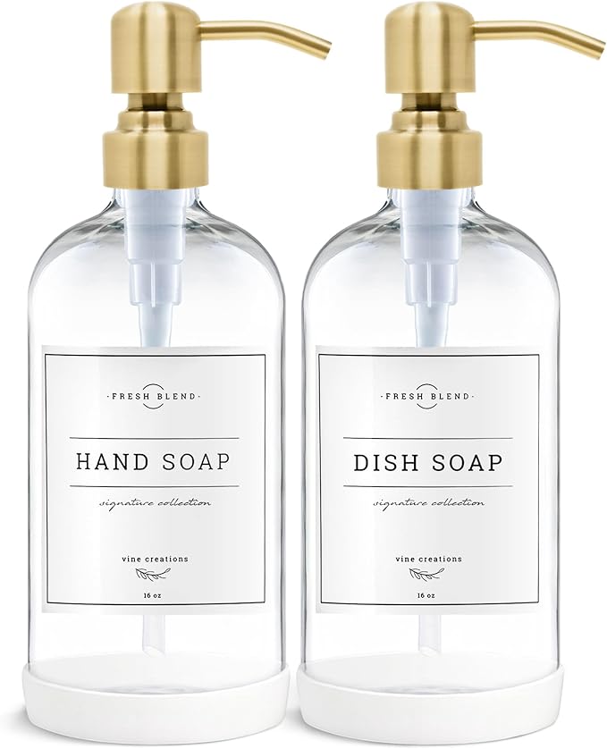Vine Creations Clear Glass Soap Dispenser, 2 Pack Kitchen Soap Dispenser Set