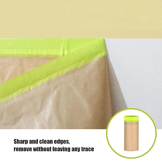 Tape and Drape, 12” x 50 feet Masking Paper for Painting, Pre-Taped Masking Paper with Adhesive, Paint Tape, Car Protection Covering Paper for Car and Furniture, Floor (1 Pack)