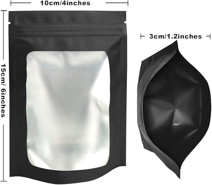 STUs 100 Pack Smell Proof Bags 4 x 6 Inch Resealable Stand-Up Mylar Bags with Clear Window Foil Pouch Bags Flat Bag Matte Black