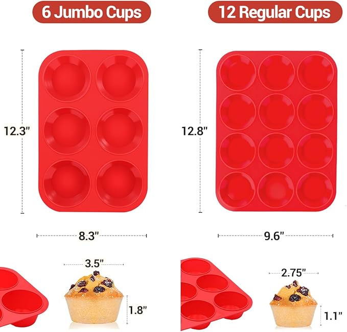CAKETIME Silicone Muffin Pan, 2 Packs, Includes Jumbo 6 Cups and Regular 12 Cups