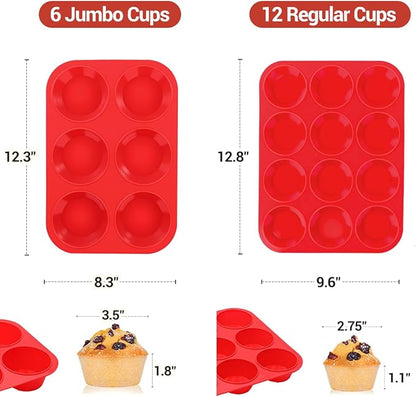 CAKETIME Silicone Muffin Pan, 2 Packs, Includes Jumbo 6 Cups and Regular 12 Cups