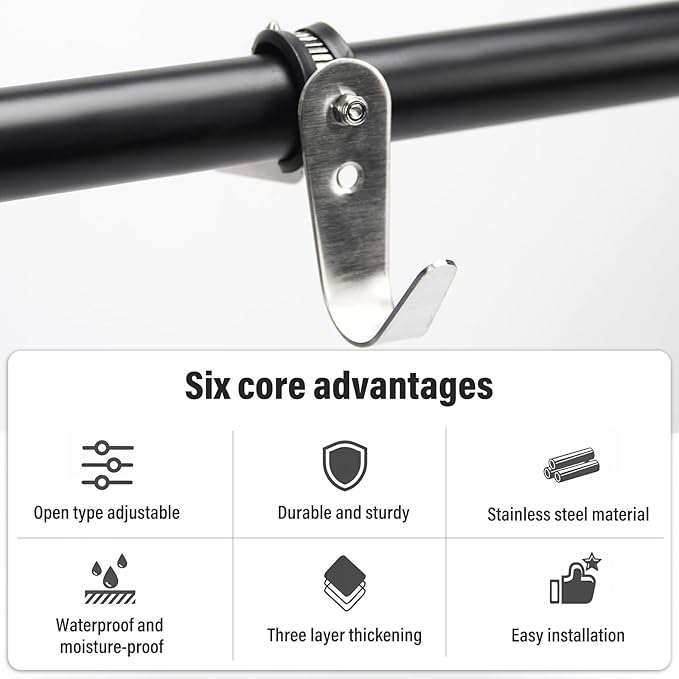 Tube Rod Hooks,Stainless Steel Adjustable J Hooks, for 0.83"-1.5" in (21-38mm) Inner Dia Adjustable Rod,Bathroom Wardrobe Pipe Hanger,Large U Hooks (2 Pack)