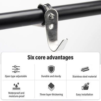 Tube Rod Hooks,Stainless Steel Adjustable J Hooks, for 0.83"-1.5" in (21-38mm) Inner Dia Adjustable Rod,Bathroom Wardrobe Pipe Hanger,Large U Hooks (2 Pack)