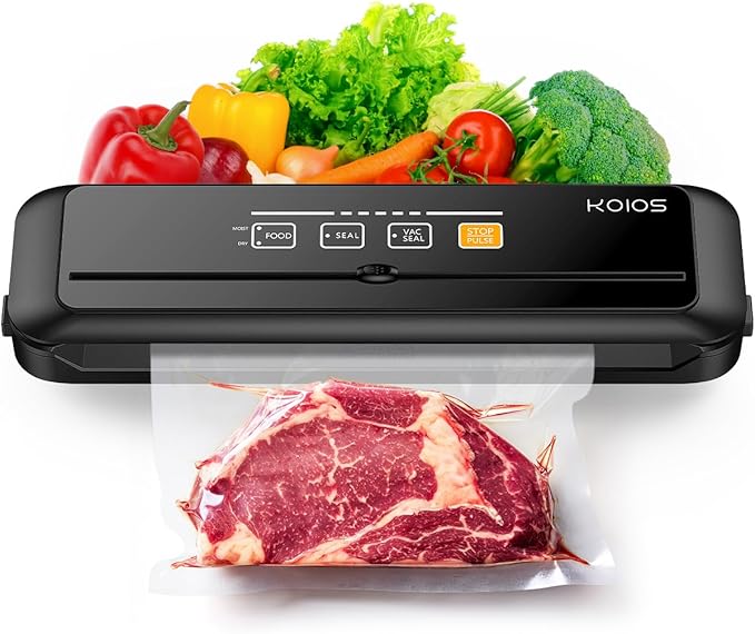 KOIOS Vacuum Sealer Machine, 90Kpa Automatic Vacuum Air food sealer/Built-in Cutter Starter Kit, Dry & Moist Food Preservation Modes, Pulse Function, LED Indicator Lights, Black