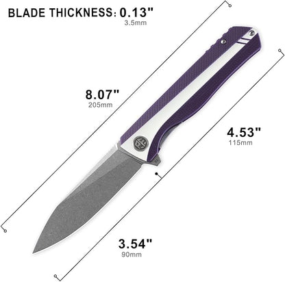 Petrified fish PF818,3.54" D2 Blade,104g G10 Handle Flipper Folding knife (Stonewash, White and Purple)