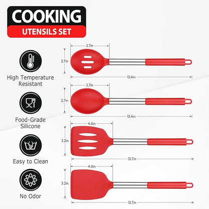 Pack of 4 Large Silicone Cooking Spatulas and Spoons, Slotted and Solid
