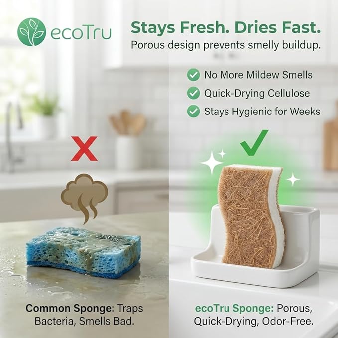 6 Pack Natural Kitchen Sponges, Compostable White Cellulose & Organic Coconut