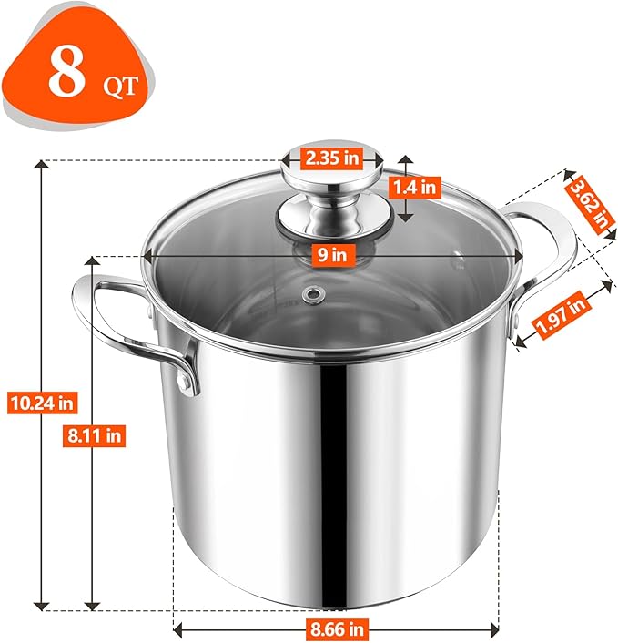 P&P CHEF 8 Quart Stainless Steel Stock Pot