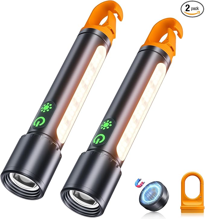 Magnetic Rechargeable Flashlights 2 Pack,2000LM 5000mAh High Lumens Flashlight with 9 Modes,Waterproof, Adjustable,Powerful Flashlight,Multi-Flashlights for Car,Home,Hiking,Camping