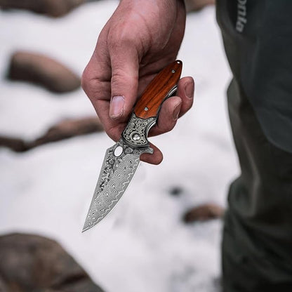 Damascus Pocket Knife, 3.3" Damascus Blade Wooden Handle EDC Pocket Knives & Folding Knives for Men Women