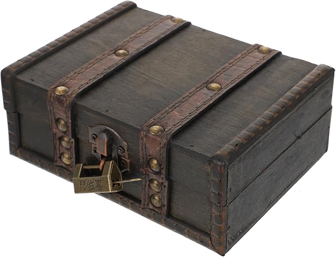 Veemoon Vintage Small Wooden Lock Box Antique Storage Case Retro Jewelry Chest Craft Collection Organizer Pirate Treasure Chest for Jewelry Cosmetics Photography Props