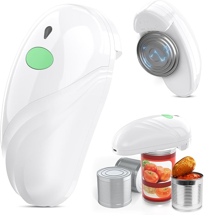 HuiJuKeJi Electric Can Opener, Rechargeable Automatic Can Opener for Seniors with Arthritis, One-Touch Hands-Free Can Opener for Almost Can Sizes, Smooth Edge & Food-Safe Kitchen Gadgets-White