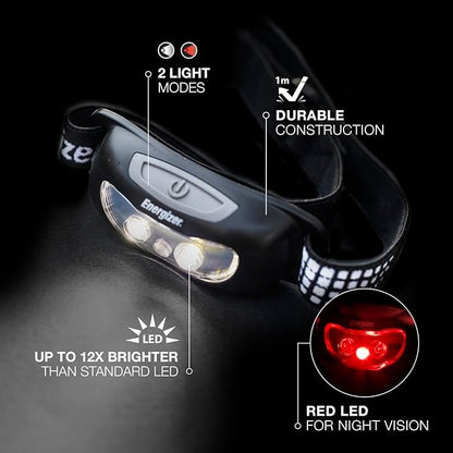 Energizer Universal Plus LED Headlamp, Lightweight Bright Headlamp for Outdoors, Camping and Emergency Light for Adults and Kids, Includes Batteries, Pack of 2