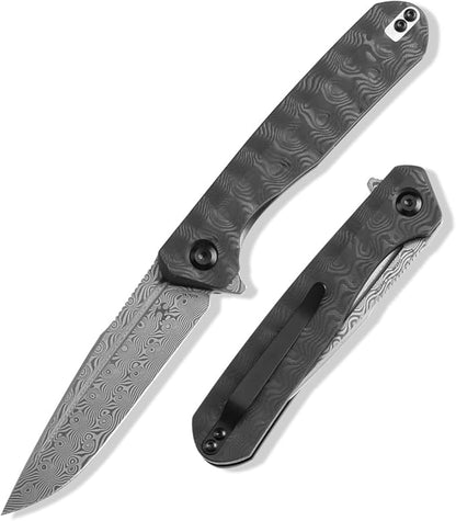 KANSEPT Qilin Pocket Knife,3.24'' Damascus Sharp Blade, Black Rose Carbon Fiber Handle for Edc, Flipper and Liner Lock with Double-Sided Clip, Men Camping Survival Folding Knives K1047A2