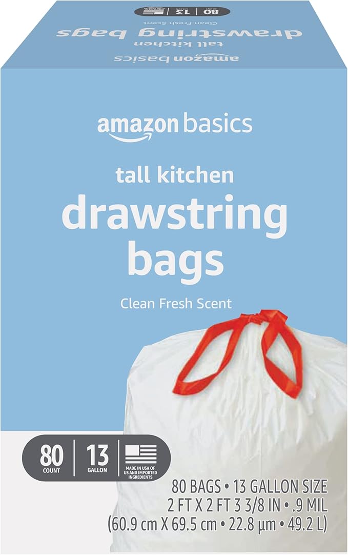 Amazon Basics Tall Kitchen Drawstring Trash Bags, Clean Fresh Scent, 13 Gallon