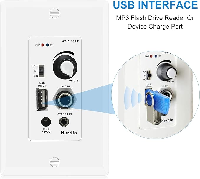 Herdio in Wall Audio Control Amplifier Receiver 2 Channel Wall Plate