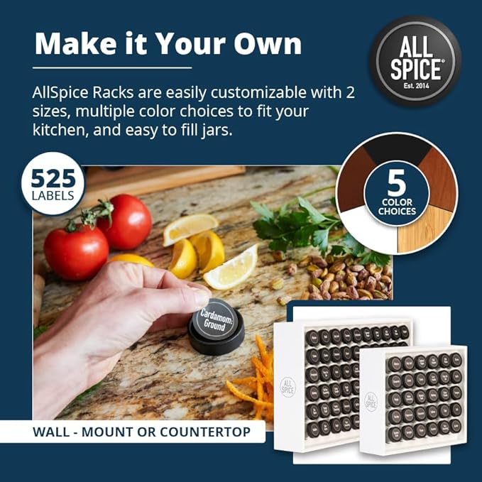 AllSpice Spice Rack Organizer, 525 Unique Labels, Countertop or Wall Mount