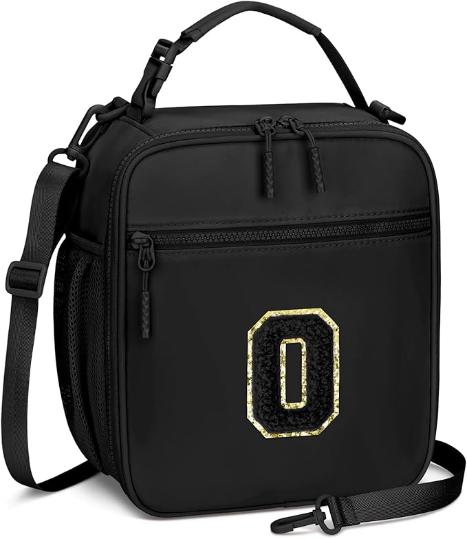 Initial Insulated Lunch Bag for Boys Kids, Back to School Gift, Reusable Leak-proof Lunch Box with Adjustable Strap for School Daycare Travel Picnic（Black，O）