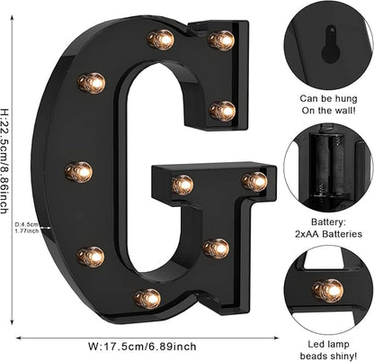 Foaky Black LED Letter Lights for Room Decor - Bedroom Wall Decor, Alphabet Lights for Home, Wedding, Party - Battery Operated （G）