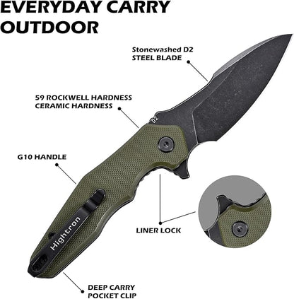 Hightron Mini Ventura Flipper Pocket Knife, 2.85" D2 Blade and Ergonomic G10 Handle, EDC Folding Knives for Camping Survival Hiking tool for Men Women (Green-B)
