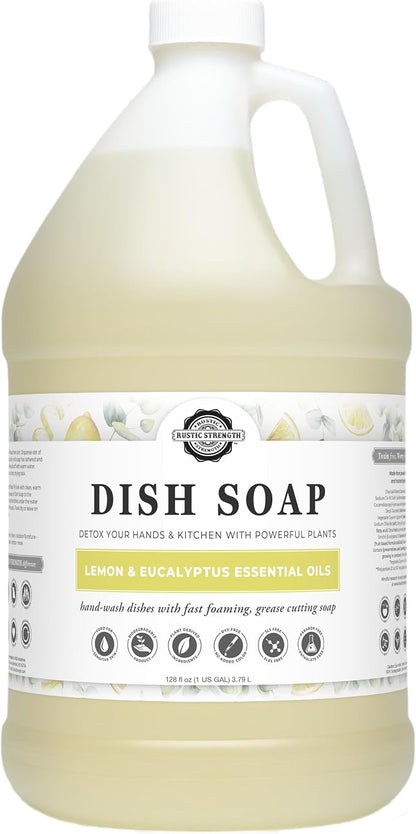 Rustic Strength Natural Dish Soap, Lemon & Eucalyptus, 1 Gallon Plastic | High-Lathering, Concentrated,Plant-Based Formula,Tough Grease Cleaner