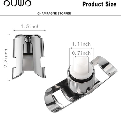 Champagne Stopper 6 Pack Stainless Steel Champagne Save with Food Grade Silicone，Leak-Proof Bubble Retaining Saver，Suitable for Champagne Prosecco Cava and Sparkling (Silver)