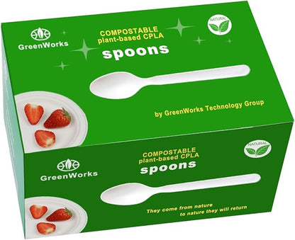 GreenWorks Heavy-duty Compostable Spoons,BPI Certified,100 Count Large Disposable Cutlery Spoons