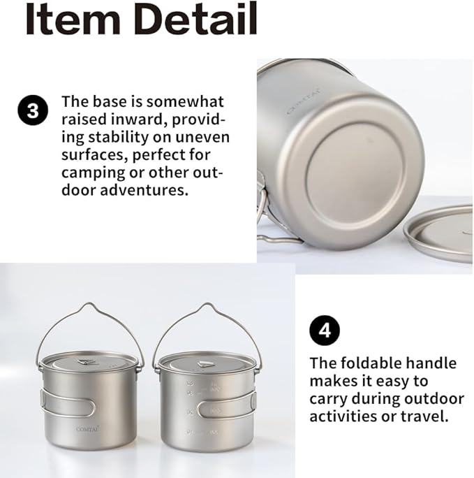1100ml Titanium Camping Pot with Lid & Bail Handle, Lightweight Backpacking Cookware for Outdoor Hiking Cooking, Ultralight Titanium Cook Pot for Campfire Use