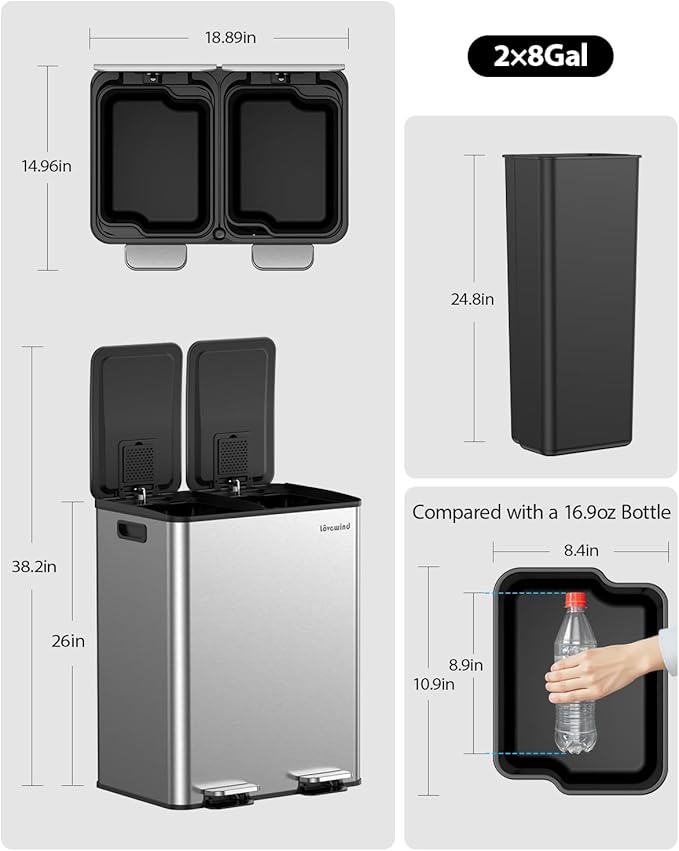 Lovewind Kitchen Trash Can, 2 x 8 Gallon Stainless Steel Trash and Recycle Bin