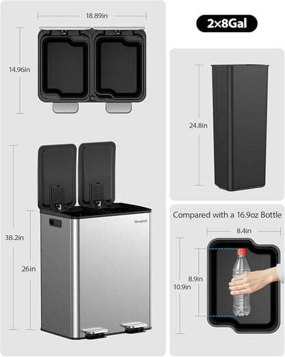 Lovewind Kitchen Trash Can, 2 x 8 Gallon Stainless Steel Trash and Recycle Bin